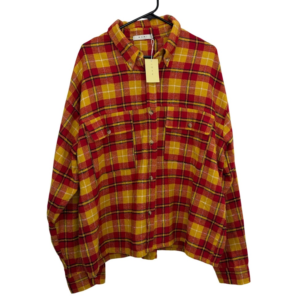 mnml Flannel Shirt Mens XXL Yellow Red Relaxed Cargo Plaid Button Down NWT